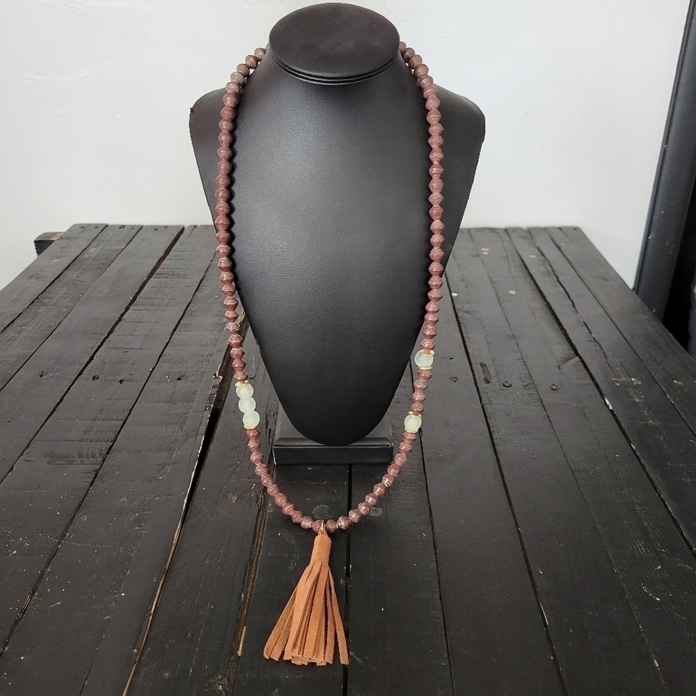 Long Layering Necklace Beaded Tassel Charm Red Brown Aqua Blue